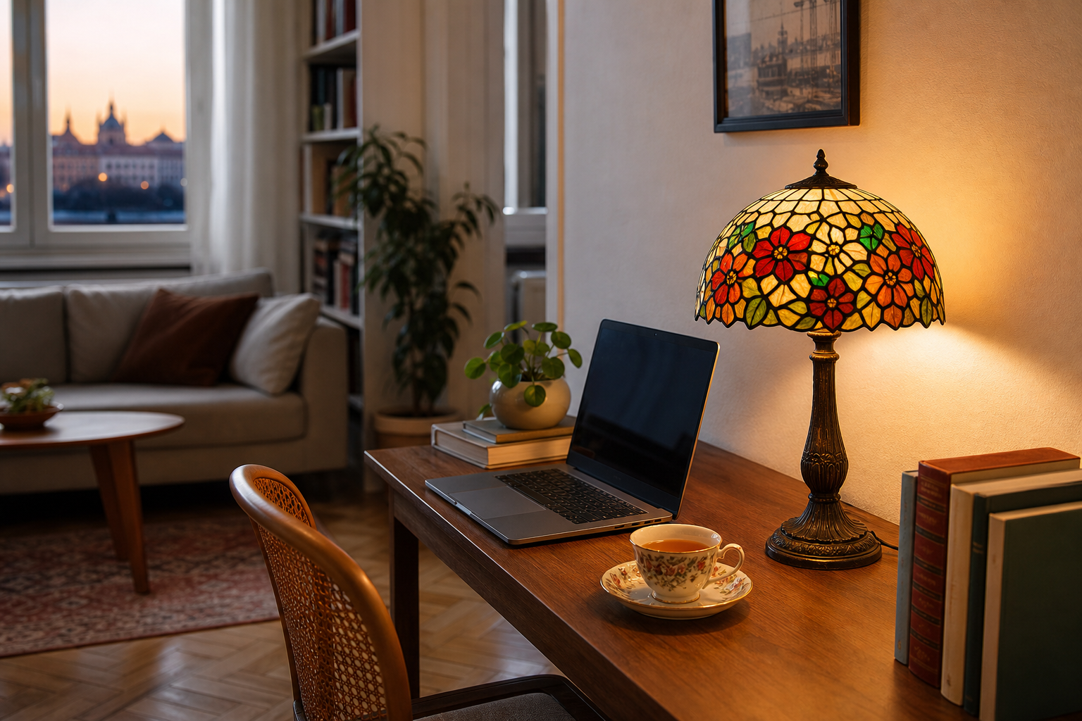 Lampa Tiffany s vitrážovým stínidlem v pracovním koutku: Když se práce mění v potěšení