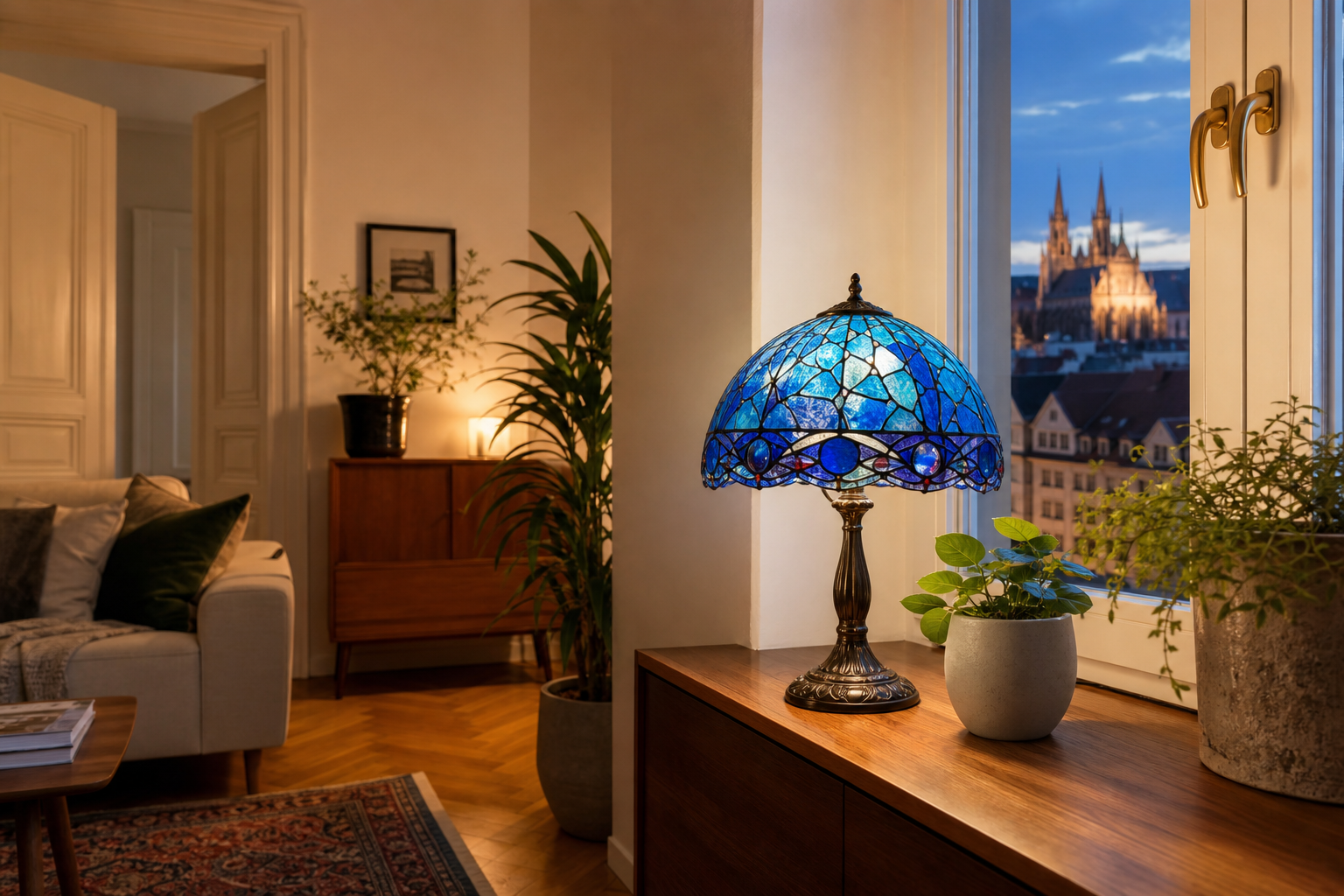 Modrá lampa Tiffany v českém interiéru: Když světlo uklidní večer jinak
