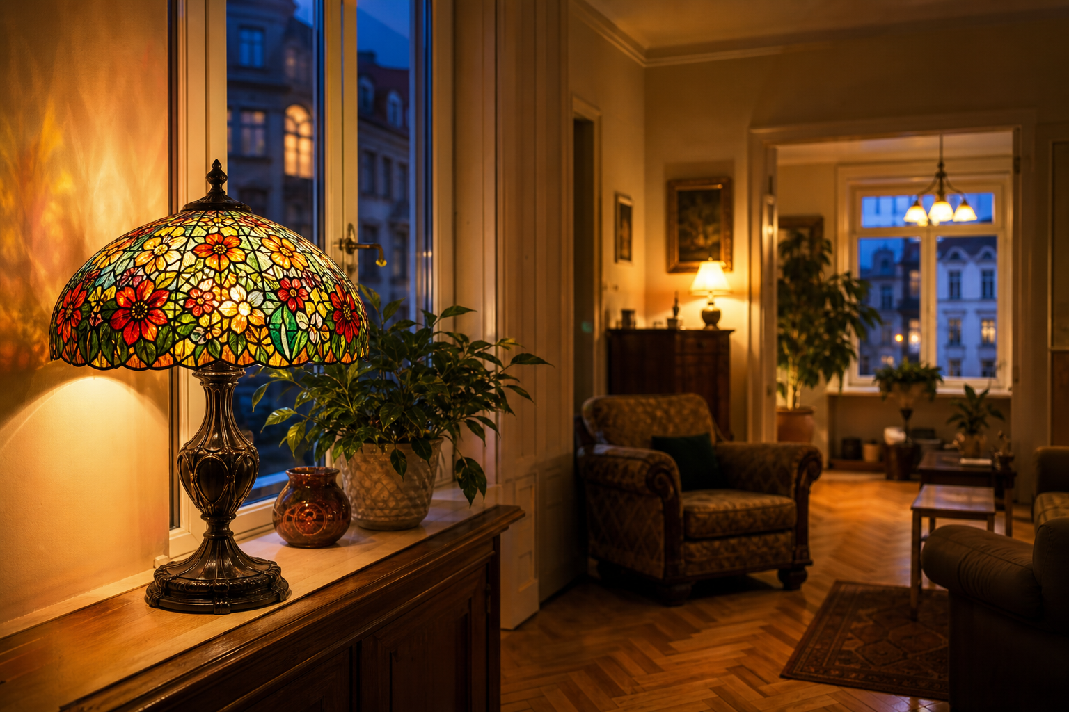 Velká stolní lampa Tiffany v českém domově: Když barvy rozsvítí večer